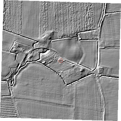 Shaded relief map of the ground around PE229JN, computed from Environment Agency LiDAR. The ground here sits at about 3 m above sea level and falls 4 m across the surrounding 800 m. Surface water reaching this point runs off ground lying to the west-north-west, 0.6 m higher.