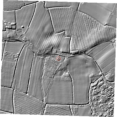 Shaded relief map of the ground around PE229JQ, computed from Environment Agency LiDAR. The ground here sits at about 3 m above sea level and falls 5 m across the surrounding 800 m. Surface water reaching this point runs off ground lying to the east-south-east, 0.9 m higher.