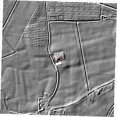 Shaded relief map of the ground around PE229JR, computed from Environment Agency LiDAR. The ground here sits at about 4 m above sea level and falls 4 m across the surrounding 800 m. Surface water reaching this point runs off ground lying to the north-east, 2.2 m higher.