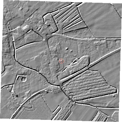 Shaded relief map of the ground around PE229JT, computed from Environment Agency LiDAR. The ground here sits at about 2 m above sea level and falls 3 m across the surrounding 800 m. Surface water reaching this point runs off ground lying to the south-east, 2.3 m higher.