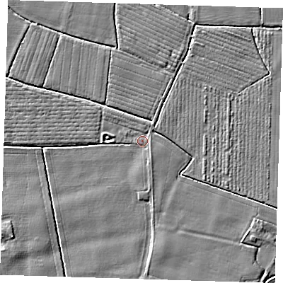 Shaded relief map of the ground around PE229JW, computed from Environment Agency LiDAR. The ground here sits at about 2 m above sea level and falls 4 m across the surrounding 800 m. Surface water reaching this point runs off ground lying to the north-west, 0.8 m higher.