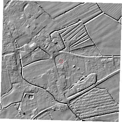 Shaded relief map of the ground around PE229LA, computed from Environment Agency LiDAR. The ground here sits at about 2 m above sea level and falls 3 m across the surrounding 800 m. Surface water reaching this point runs off ground lying to the north-west, 1.4 m higher.