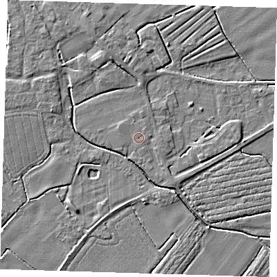 Shaded relief map of the ground around PE229LD, computed from Environment Agency LiDAR. The ground here sits at about 3 m above sea level and falls 3 m across the surrounding 800 m. The ground contributing surface water to this point lies to the north-east.