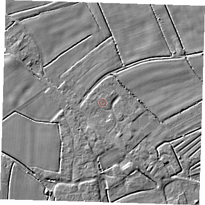 Shaded relief map of the ground around PE229LG, computed from Environment Agency LiDAR. The ground here sits at about 3 m above sea level and falls 4 m across the surrounding 800 m. The ground contributing surface water to this point lies to the north-north-west.