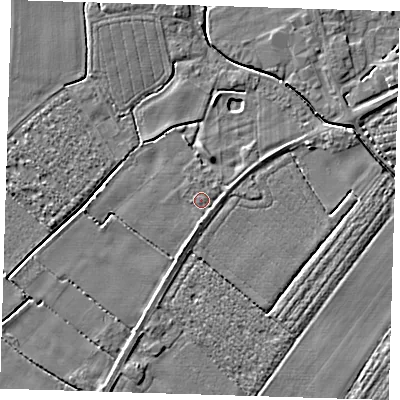 Shaded relief map of the ground around PE229LH, computed from Environment Agency LiDAR. The ground here sits at about 2 m above sea level and falls 3 m across the surrounding 800 m. Surface water reaching this point runs off ground lying to the east, 1.2 m higher.