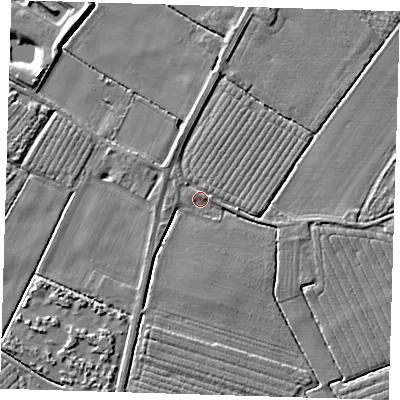 Shaded relief map of the ground around PE229LJ, computed from Environment Agency LiDAR. The ground here sits at about 3 m above sea level and falls 5 m across the surrounding 800 m. Surface water reaching this point runs off ground lying to the north, 1.5 m higher.