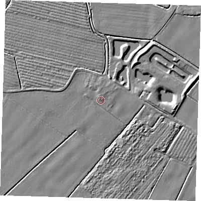 Shaded relief map of the ground around PE229LP, computed from Environment Agency LiDAR. The ground here sits at about 3 m above sea level and falls 5 m across the surrounding 800 m. Surface water reaching this point runs off ground lying to the north-west, 1.3 m higher.