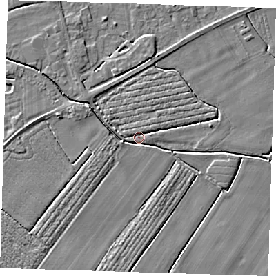 Shaded relief map of the ground around PE229LQ, computed from Environment Agency LiDAR. The ground here sits at about 2 m above sea level and falls 3 m across the surrounding 800 m. Surface water reaching this point runs off ground lying to the west, 2.5 m higher.