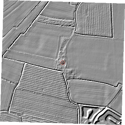 Shaded relief map of the ground around PE229LR, computed from Environment Agency LiDAR. The ground here sits at about 3 m above sea level and falls 4 m across the surrounding 800 m. Surface water reaching this point runs off ground lying to the north, 1.2 m higher.