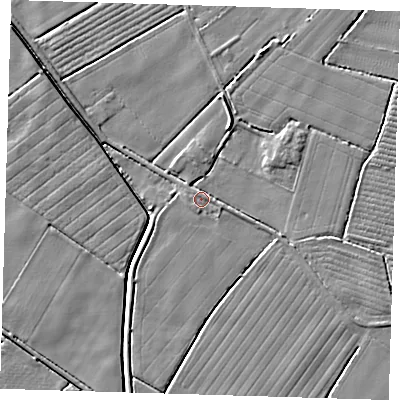 Shaded relief map of the ground around PE229LS, computed from Environment Agency LiDAR. The ground here sits at about 2 m above sea level and falls 5 m across the surrounding 800 m. Surface water reaching this point runs off ground lying to the east-south-east, 2.6 m higher.