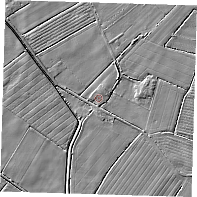 Shaded relief map of the ground around PE229LT, computed from Environment Agency LiDAR. The ground here sits at about 2 m above sea level and falls 5 m across the surrounding 800 m. Surface water reaching this point runs off ground lying to the south-east, 2.7 m higher.
