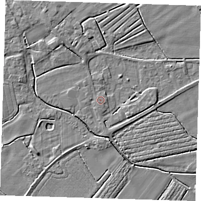 Shaded relief map of the ground around PE229LZ, computed from Environment Agency LiDAR. The ground here sits at about 3 m above sea level and falls 3 m across the surrounding 800 m. The ground contributing surface water to this point lies to the south-south-west.