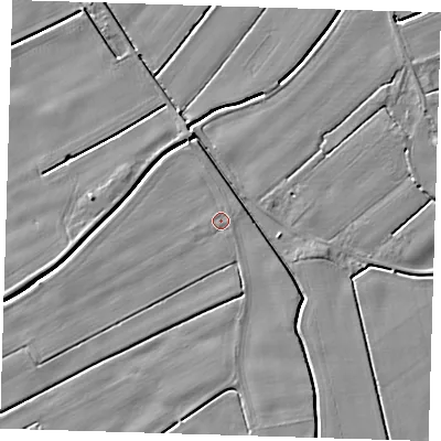 Shaded relief map of the ground around PE229NA, computed from Environment Agency LiDAR. The ground here sits at about 2 m above sea level and falls 4 m across the surrounding 800 m. The ground contributing surface water to this point lies to the south-south-west.