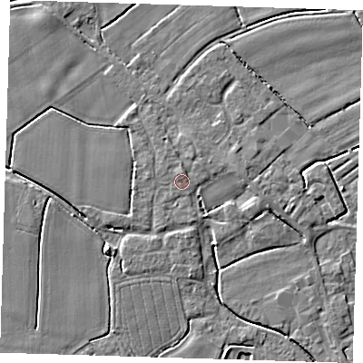 Shaded relief map of the ground around PE229NZ, computed from Environment Agency LiDAR. The ground here sits at about 3 m above sea level and falls 4 m across the surrounding 800 m. Surface water reaching this point runs off ground lying to the north-north-east, 0.7 m higher.