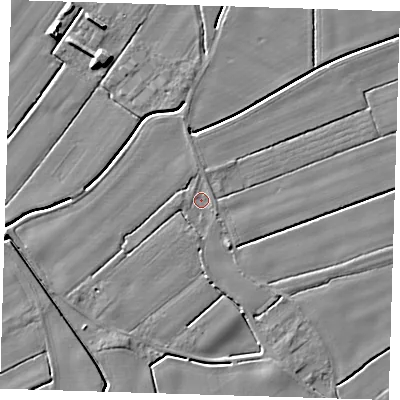 Shaded relief map of the ground around PE229PD, computed from Environment Agency LiDAR. The ground here sits at about 2 m above sea level and falls 7 m across the surrounding 800 m. Surface water reaching this point runs off ground lying to the south, 1.1 m higher.
