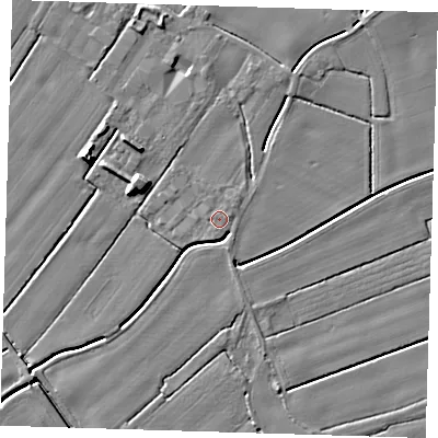 Shaded relief map of the ground around PE229PE, computed from Environment Agency LiDAR. The ground here sits at about 3 m above sea level and falls 7 m across the surrounding 800 m. Surface water reaching this point runs off ground lying to the north-east, 0.7 m higher.