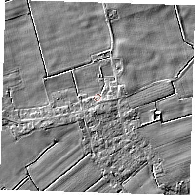 Shaded relief map of the ground around PE229PR, computed from Environment Agency LiDAR. The ground here sits at about 2 m above sea level and falls 4 m across the surrounding 800 m. Surface water reaching this point runs off ground lying to the south-east, 1.6 m higher.