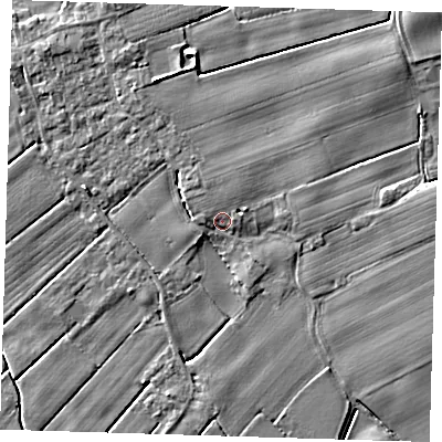 Shaded relief map of the ground around PE229QB, computed from Environment Agency LiDAR. The ground here sits at about 3 m above sea level and falls 4 m across the surrounding 800 m. Surface water reaching this point runs off ground lying to the east-north-east, 1.6 m higher.