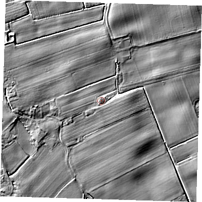 Shaded relief map of the ground around PE229QD, computed from Environment Agency LiDAR. The ground here sits at about 4 m above sea level and falls 4 m across the surrounding 800 m. Surface water reaching this point runs off ground lying to the east-south-east, 0.7 m higher.