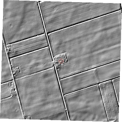 Shaded relief map of the ground around PE229QF, computed from Environment Agency LiDAR. The ground here sits at about 2 m above sea level and falls 4 m across the surrounding 800 m. Surface water reaching this point runs off ground lying to the west-south-west, 1.2 m higher.
