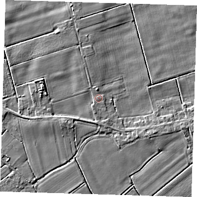 Shaded relief map of the ground around PE229QH, computed from Environment Agency LiDAR. The ground here sits at about 2 m above sea level and falls 5 m across the surrounding 800 m. Surface water reaching this point runs off ground lying to the north, 1.7 m higher.