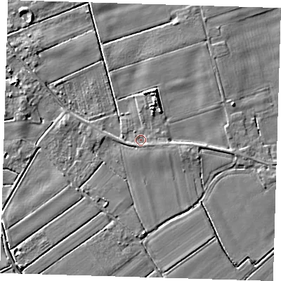 Shaded relief map of the ground around PE229QJ, computed from Environment Agency LiDAR. The ground here sits at about 2 m above sea level and falls 6 m across the surrounding 800 m. Surface water reaching this point runs off ground lying to the north-north-east, 3.9 m higher.
