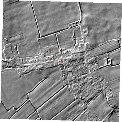 Shaded relief map of the ground around PE229QP, computed from Environment Agency LiDAR. The ground here sits at about 3 m above sea level and falls 4 m across the surrounding 800 m. Surface water reaching this point runs off ground lying to the east-north-east, 1.6 m higher.