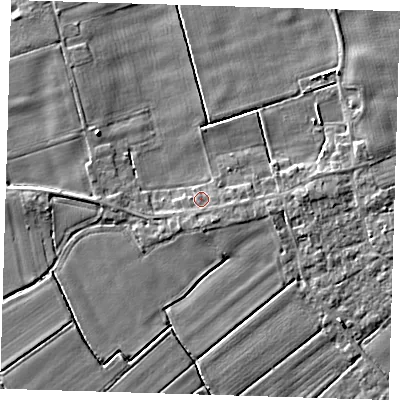 Shaded relief map of the ground around PE229QQ, computed from Environment Agency LiDAR. The ground here sits at about 2 m above sea level and falls 4 m across the surrounding 800 m. Surface water reaching this point runs off ground lying to the south, 1.6 m higher.