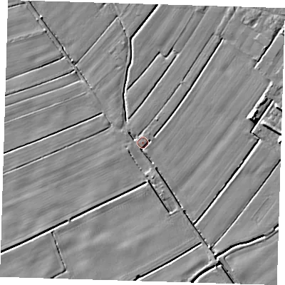 Shaded relief map of the ground around PE229QU, computed from Environment Agency LiDAR. The ground here sits at about 2 m above sea level and falls 7 m across the surrounding 800 m. Surface water reaching this point runs off ground lying to the south-south-east, 2.4 m higher.