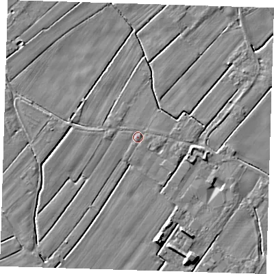 Shaded relief map of the ground around PE229QY, computed from Environment Agency LiDAR. The ground here sits at about 2 m above sea level and falls 6 m across the surrounding 800 m. Surface water reaching this point runs off ground lying to the east-south-east, 0.8 m higher.