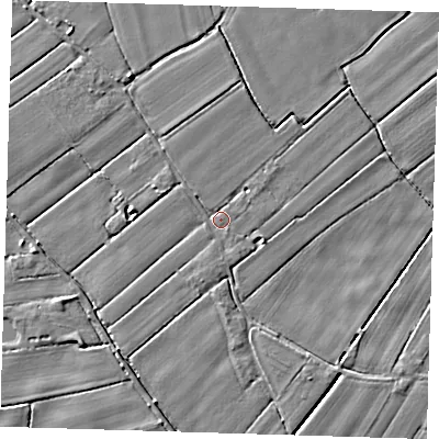 Shaded relief map of the ground around PE229QZ, computed from Environment Agency LiDAR. The ground here sits at about 2 m above sea level and falls 3 m across the surrounding 800 m. Surface water reaching this point runs off ground lying to the south, 1.3 m higher.