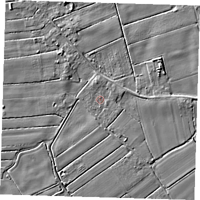 Shaded relief map of the ground around PE229RA, computed from Environment Agency LiDAR. The ground here sits at about 2 m above sea level and falls 6 m across the surrounding 800 m. Surface water reaching this point runs off ground lying to the south-east, 2.1 m higher.