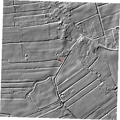 Shaded relief map of the ground around PE229RB, computed from Environment Agency LiDAR. The ground here sits at about 2 m above sea level and falls 4 m across the surrounding 800 m. Surface water reaching this point runs off ground lying to the east-south-east, 2.8 m higher.