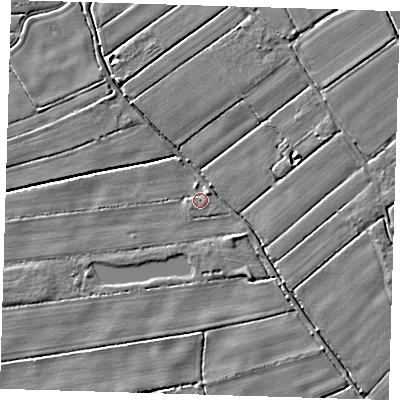 Shaded relief map of the ground around PE229RD, computed from Environment Agency LiDAR. The ground here sits at about 2 m above sea level and falls 4 m across the surrounding 800 m. Surface water reaching this point runs off ground lying to the north-east, 1.4 m higher.