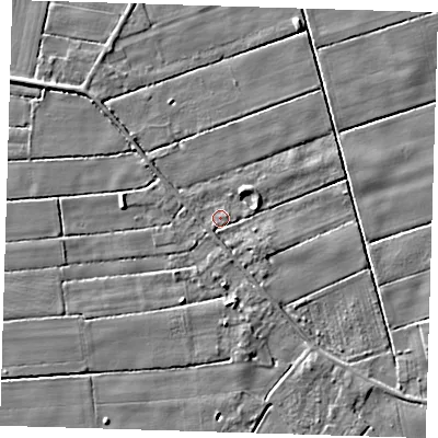 Shaded relief map of the ground around PE229RF, computed from Environment Agency LiDAR. The ground here sits at about 1 m above sea level and falls 4 m across the surrounding 800 m. Surface water reaching this point runs off ground lying to the south-east, 1.7 m higher.