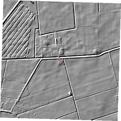 Shaded relief map of the ground around PE229RG, computed from Environment Agency LiDAR. The ground here sits at about 2 m above sea level and falls 4 m across the surrounding 800 m. Surface water reaching this point runs off ground lying to the east-north-east, 2.3 m higher.