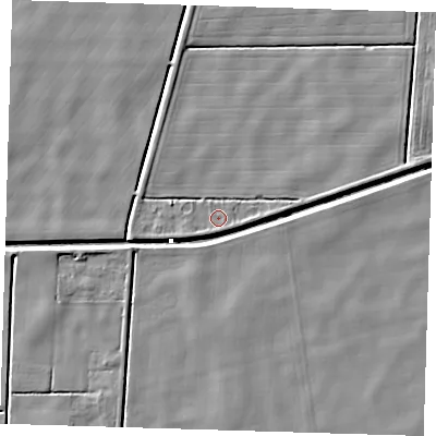 Shaded relief map of the ground around PE229RL, computed from Environment Agency LiDAR. The ground here sits at about 1 m above sea level and falls 4 m across the surrounding 800 m. Surface water reaching this point runs off ground lying to the south-west, 1.2 m higher.