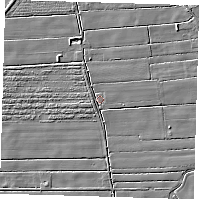 Shaded relief map of the ground around PE229RP, computed from Environment Agency LiDAR. The ground here sits at about 2 m above sea level and falls 3 m across the surrounding 800 m. Surface water reaching this point runs off ground lying to the north-north-west, 2.1 m higher.