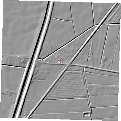 Shaded relief map of the ground around PE229RR, computed from Environment Agency LiDAR. The ground here sits at about 2 m above sea level and falls 6 m across the surrounding 800 m. Surface water reaching this point runs off ground lying to the west-south-west, 3.3 m higher.