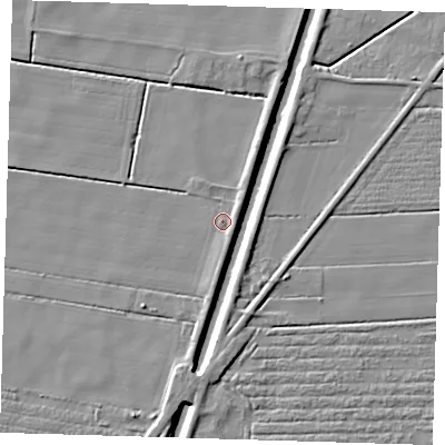Shaded relief map of the ground around PE229RS, computed from Environment Agency LiDAR. The ground here sits at about 2 m above sea level and falls 6 m across the surrounding 800 m. Surface water reaching this point runs off ground lying to the east-south-east, 2.0 m higher.