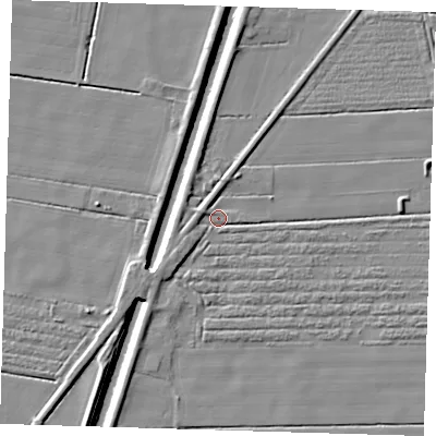 Shaded relief map of the ground around PE229RT, computed from Environment Agency LiDAR. The ground here sits at about 2 m above sea level and falls 6 m across the surrounding 800 m. Surface water reaching this point runs off ground lying to the south-west, 3.7 m higher.