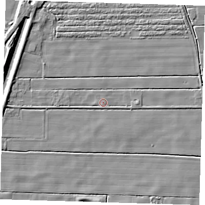 Shaded relief map of the ground around PE229RU, computed from Environment Agency LiDAR. The ground here sits at about 2 m above sea level and falls 6 m across the surrounding 800 m. The ground contributing surface water to this point lies to the south.