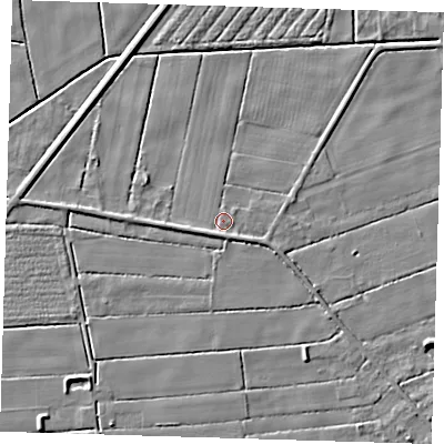Shaded relief map of the ground around PE229RW, computed from Environment Agency LiDAR. The ground here sits at about 2 m above sea level and falls 4 m across the surrounding 800 m. Surface water reaching this point runs off ground lying to the south-west, 1.7 m higher.