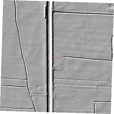 Shaded relief map of the ground around PE229RX, computed from Environment Agency LiDAR. The ground here sits at about 2 m above sea level and falls 7 m across the surrounding 800 m. Surface water reaching this point runs off ground lying to the south-west, 2.7 m higher.