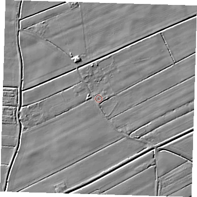 Shaded relief map of the ground around PE229SB, computed from Environment Agency LiDAR. The ground here sits at about 2 m above sea level and falls 5 m across the surrounding 800 m. Surface water reaching this point runs off ground lying to the south, 0.7 m higher.