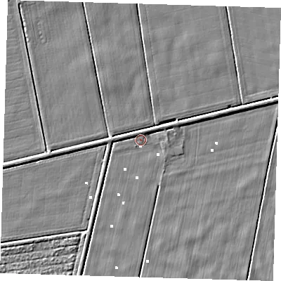 Shaded relief map of the ground around PE234AB, computed from Environment Agency LiDAR. The ground here sits at about 0 m above sea level and falls 4 m across the surrounding 800 m. Surface water reaching this point runs off ground lying to the west-north-west, 1.5 m higher.