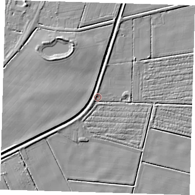 Shaded relief map of the ground around PE234AE, computed from Environment Agency LiDAR. The ground here sits at about 2 m above sea level and falls 7 m across the surrounding 800 m. Surface water reaching this point runs off ground lying to the north-north-west, 6.1 m higher.