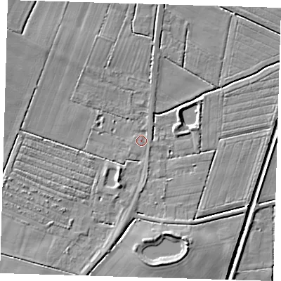 Shaded relief map of the ground around PE234AG, computed from Environment Agency LiDAR. The ground here sits at about 3 m above sea level and falls 6 m across the surrounding 800 m. Surface water reaching this point runs off ground lying to the south-south-west, 3.2 m higher.