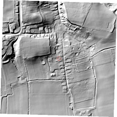 Shaded relief map of the ground around PE234AY, computed from Environment Agency LiDAR. The ground here sits at about 37 m above sea level and falls 49 m across the surrounding 800 m. Surface water reaching this point runs off ground lying to the north-west, 14.3 m higher.