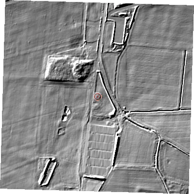 Shaded relief map of the ground around PE234BU, computed from Environment Agency LiDAR. The ground here sits at about 7 m above sea level and falls 7 m across the surrounding 800 m. Surface water reaching this point runs off ground lying to the north-north-east, 0.5 m higher.